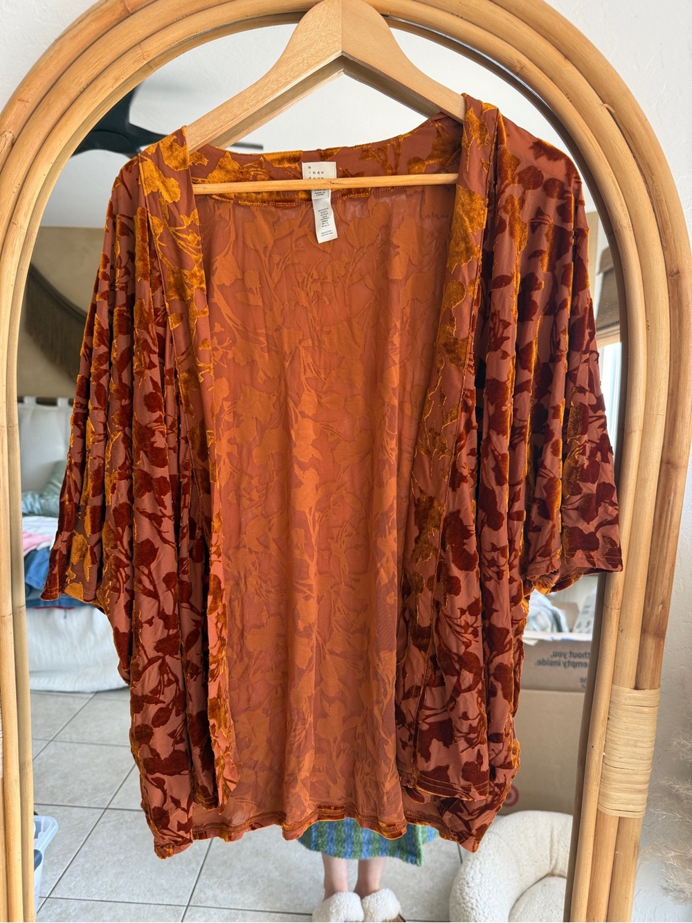 a new day Burnt Orange and Mustard Floral Velvet Burnout Kimono